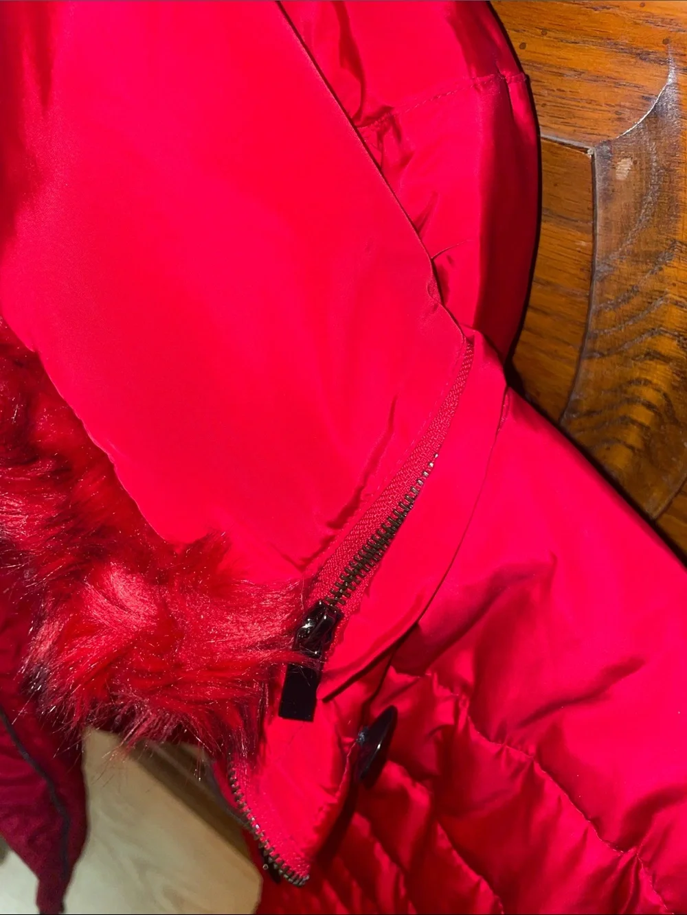 Armani Jeans Girls Red Faux Fur Quilted Winter Coat Removable Hood size 10